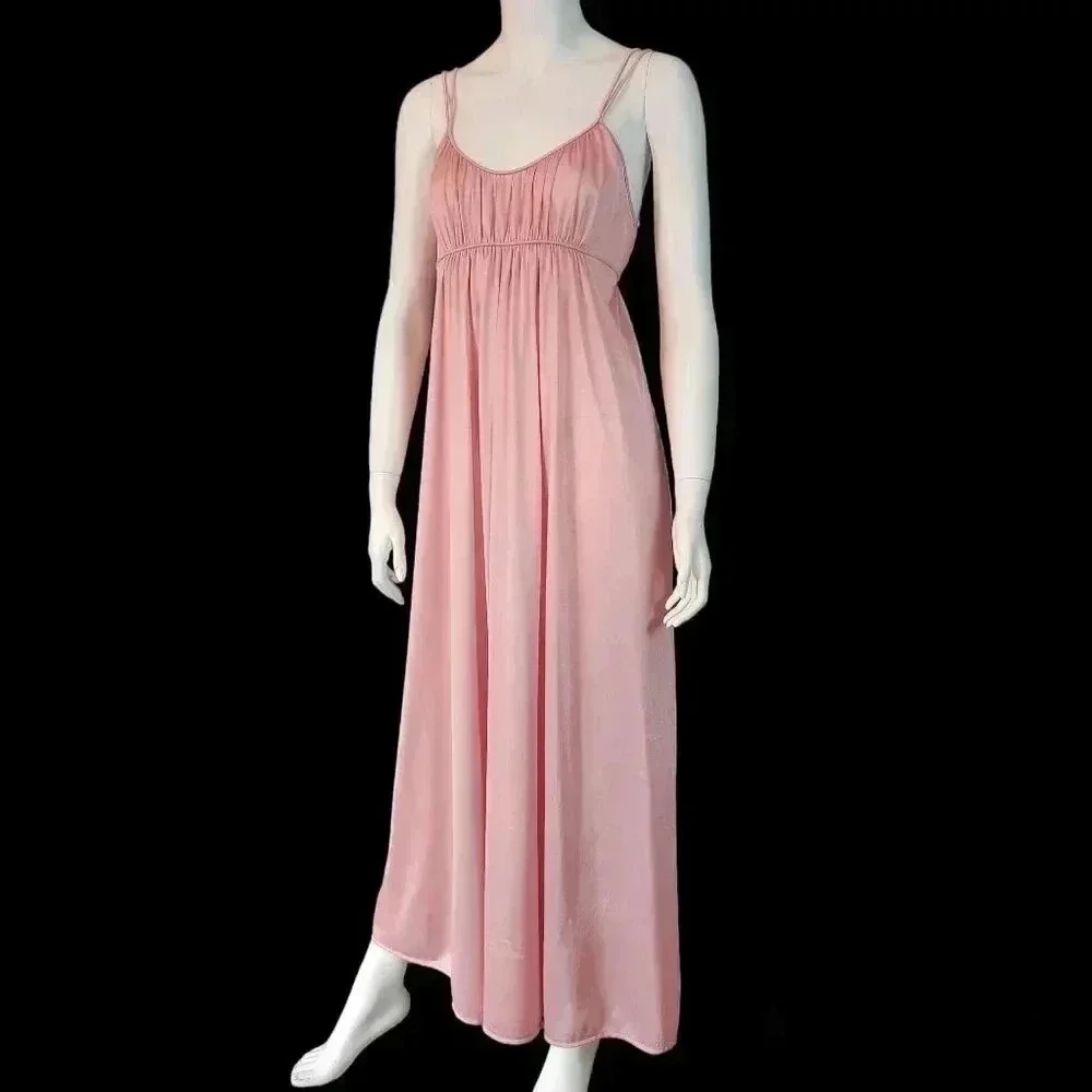 Vintage 70s Blush Pink Empire Waist Slip Nightgown Dress S - Picture 3 of 13